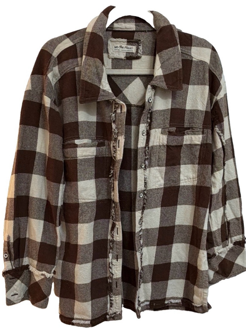 Free People We The Free Plaid Flannel Shirt XS Brown Cream Oversized Distressed